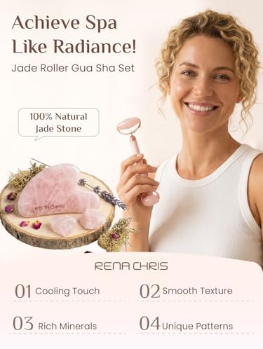 Rena Chris Rose Quartz Gua Sha & Jade Roller Set, Face Roller and Gua Sha Facial Tools, Facial Massage Tools for Jawline Sculpting, Under Eye, Neck, Skin Care Routine & Self Care Gift