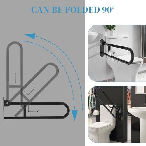 Toilet Grab Bar 30.3 Inch Black, Munzong Anti-Slip Handicap Grab Bars with Paper Holder, Flip-Up Bathroom Safety Rails, Stainless Steel Knurled Support handrails for Seniors Elderly Disabled Pregnant