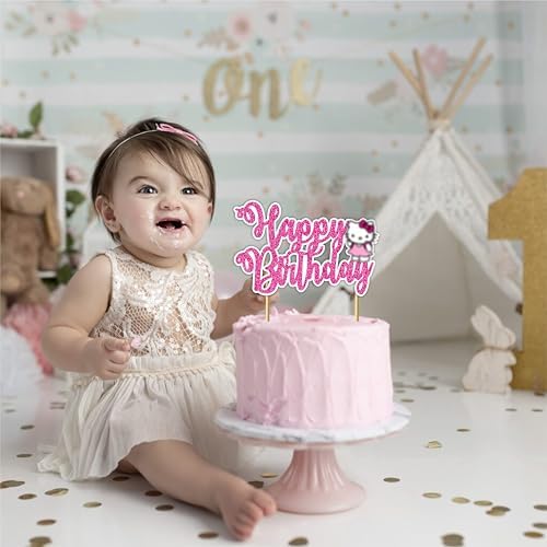 Kawaii Cute Cartoon Cat Happy Birthday Cake Topper Decoration, Adorable Cat Theme Birthday Cake Topper for Celebration, Party Cake Decoration for Dessert Table, Photo Display and Event Supplies
