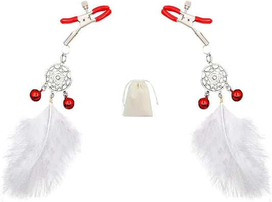 Feather Tassel Nipple Clips with Bells Adjustable Non Piercing Breast Nipple Clamps Sexy Feather Dangle Nipple Body Jewelry (White)