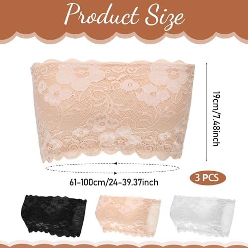 3 Pcs Lace Tube Top Bra, 24-40 Inch Strapless Lace Bandeau Bra Stretchy Tube Top Bras for A or B Cup Low Neckline Cleavage Cover Strapless Bras Bandeau Chest Wrap (White, Black, Beige)