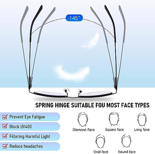 3-Pack Reading Glasses for Men, Lightweight Metal Half Frame Blue Light Blocking Computer Readers, Filter UV Ray/Computer Glare with Spring Hinge Eyeglasses(3PCS Black,+1.25)