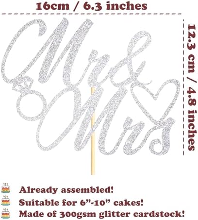 1PC MR & Mrs Cake Topper, Silver Glitter Wedding Cake Decorations for Engagement, Anniversary, Bridal Shower, Romantic Celebration Supplies
