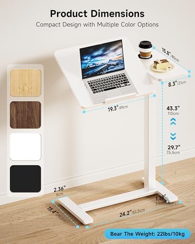 BZIUM Overbed Bedside Table with Hidden Wheels, Adjustable Medical Tilt Top Hospital Bed Table Over The Bed, Rolling Desk Mobile Standing Desk (27.6x15.8, White)