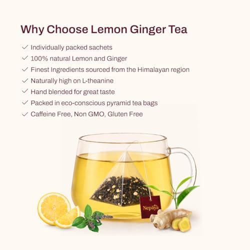 Nepaya Lemon Ginger Green Tea Bags – 15 Individually Wrapped Biodegradable Pyramid Tea Bags, Low Caffeine, Fruity Citrus Flavor with Zesty Lemon & Spicy Ginger, Premium High-Grown Nepal Green Tea