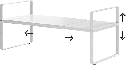 16.5-27ââL Expandable Kitchen Shelf Organizer, Stackable Shelves Organizer, Adjustable Height Pantry Spice Rack for Cabinet, Countertop, Pantry and Cupboard, White