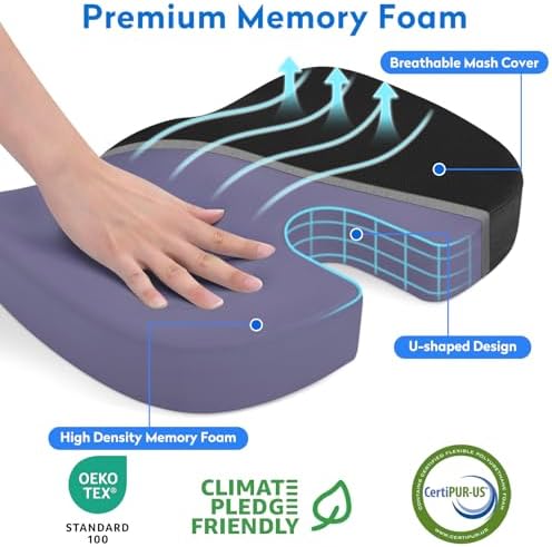 CushZone Seat Cushion - Memory Foam Office Chair Cushion for Sciatica, Tailbone & Back Pain Relief - Orthopedic Coccyx Pillow for Car, Airplane, Pregnancy & Long Sitting at Work, Black