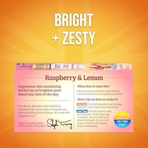 Twinings Raspberry & Lemon Herbal Tea Individually Wrapped Bags, 20 Count (Pack of 1), Unsweetened, Refreshing & Fruity, Naturally Caffeine-Free, Enjoy Hot or Iced, 20 Teabags