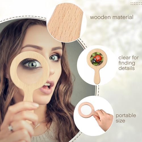 FairySandy 4 Pack Wooden Magnifying Glass, Wood Natural Handheld Magnifier Wooden Learning Adventure Toy Reading Magnifier for Elderly, Outdoor Exploration, Reading, Crafts, Collectibles, 5 x 3 Inch