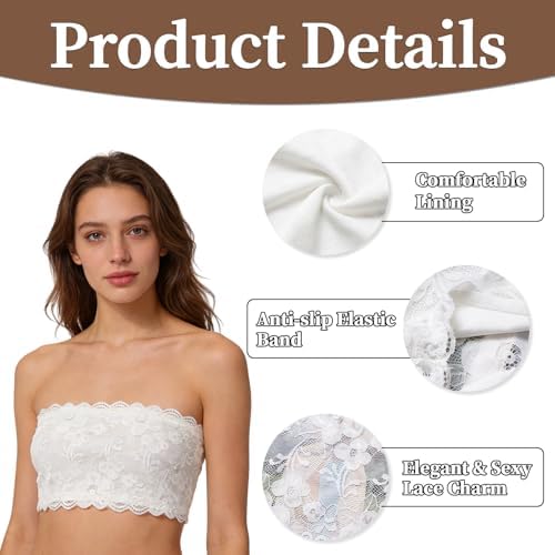 Lace Bandeau for Women Modesty Panel Cleavage Cover,Elegant Coverage for Low Necklines,3-Piece Set with Black/White & Beige Colors,Stretchy Lace Tube Top for Professional and Casual Wear
