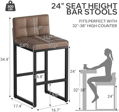 24" Bar Stools Set of 2, Modern Faux Leather Counter Height Bar Stools with Low Back and Footrest, Sturdy Thickened Metal Leg, Upholstered Kitchen Bar Chairs for Island, Coffee