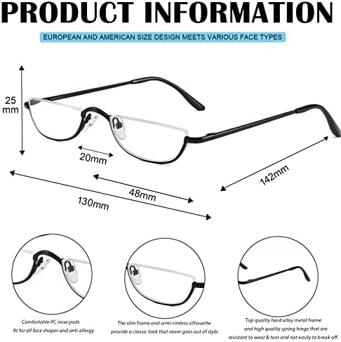 Viseng Half Frame Reading Glasses for Women Men Slim Half Moon Lens Readers Metal Semi Rimless eyewear Blue+Black+1.5