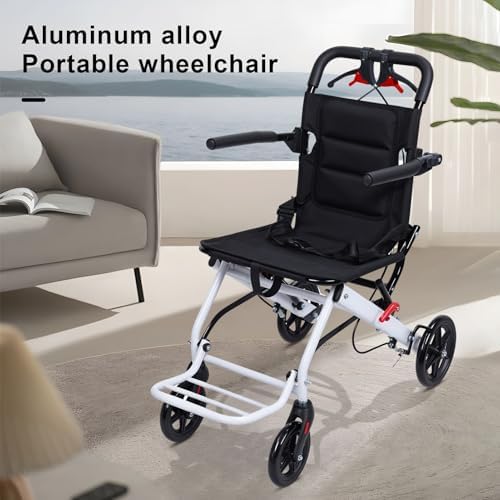 Lightweight Folding Wheelchair for Adults & Seniors, 18lbs Ultra Light Portable Transport Chair with Brake & Safety Strap, Carbon Steel Frame, Easy Push PU Wheels for Travel (White)