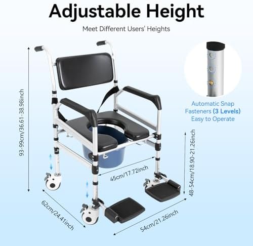 Rolling Shower Chair with Wheels - Bedside Commode Chair for Toilet with Arms, Adjustable Height Folding Bath Commode Wheelchair, Bathroom Chair for Elderly, Disabled, Injured