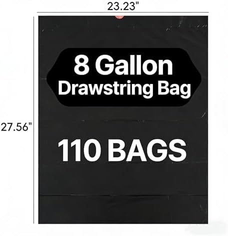 8 Gallon Drawstring Trash Bags, 110 Pack Tall Kitchen Garbage Bags, Durable Trash Can Liners with Premium Materials (Black)