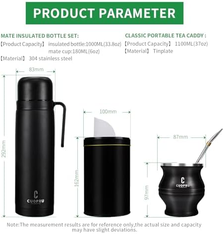 Complete Mate Kit- Modern Mate Gourd, Matero, Yerbero, Thermal Flask, Bombilla and Cleaning Brush Included - Premium Quality 304 18/8 Stainless Steel Yerba Cup Set