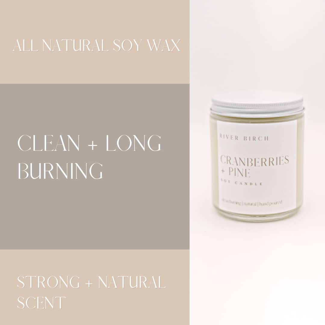 River Birch Candles Cranberries + Pine Scented Candle | Premium, All-Natural, Non-Toxic, Soy Candles | 8.5oz 40 Hr Burn Time | Cozy Relaxing Gifts for Home