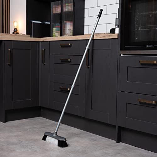 Addis Indoor Plastic Sweeping Broom with Soft Nylon bristles & 3pcs Easy Assemble Metal Handle, Metallic Grey
