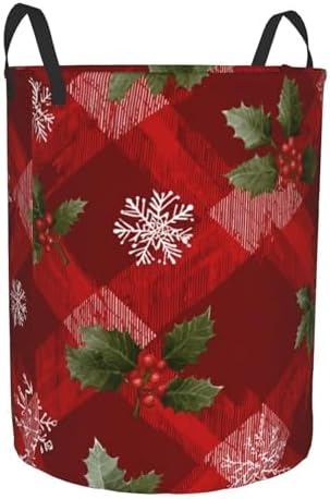 1pc Collapsible Laundry Hamper, Christmas Plaid Holly, 38l Versatile Organizer Basket With Handles, 13.8×16.5inch Storage Bin For Elegant Home Decor, Dorm, Laundry Room, Bathroom, Gifts