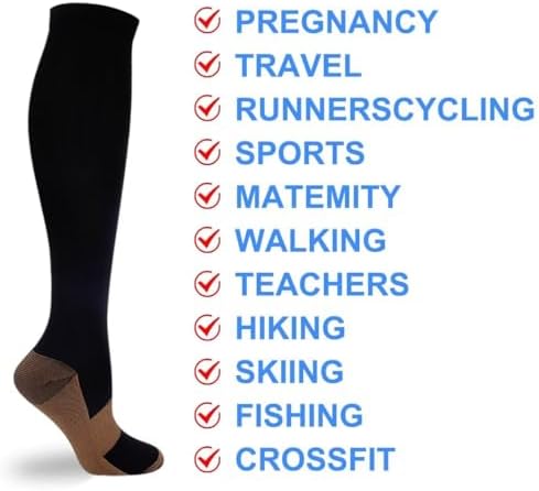 Double Couple 7 Pairs Copper Compression Socks for Men Women 20-30 mmHg Knee High Stockings Best Support for Sports