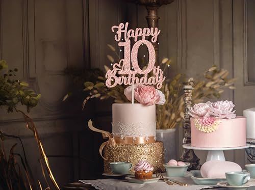 10th Birthday Cake Topper - Double Sided Rose Rose Gold Glitter, Happy 10th birthday Cake Topper for girls,10 Cake Topper For girls, 10th birthday decorations,10th Birthday Cake Topper Ten