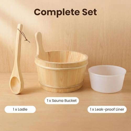 Wooden Sauna Bucket & Ladle Set, 1 Gallon (4L), Handmade Natural Pine with Rope Handle & Leakproof Liner, Sauna Accessories for Steam Rooms