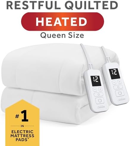 Sunbeam Electric Restful Quilted Heated Mattress Pad Queen 80" x 60" 12 Heat Settings 12-Hour Auto Shut-Off Extra-Cozy Fabric Deep Pocket Fit Machine Washable