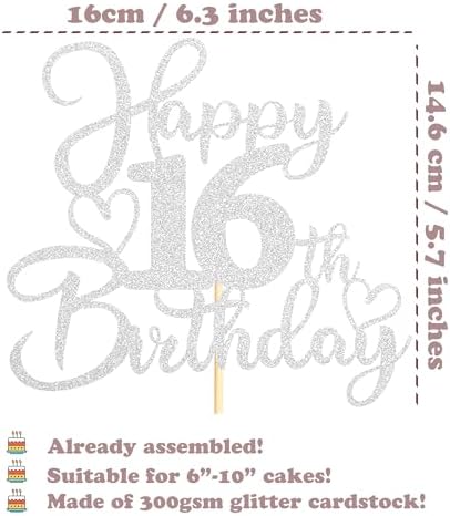 Sotpot 1PC Happy 16th Birthday Cake Topper Double-sided Silver Glitter Cake Pick Cake Decoration for 16th Birthday Anniversary Party Cake Decorations