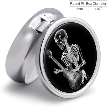 Metal Round Pill Box 3 Compartment, Cute Portable Travel Pill Organizer Small Abstract X-ray Skull Skeleton Playing Guitar Pill Case for Pocket Purse Pill Container Medicine Organizer Box Daily Vitami
