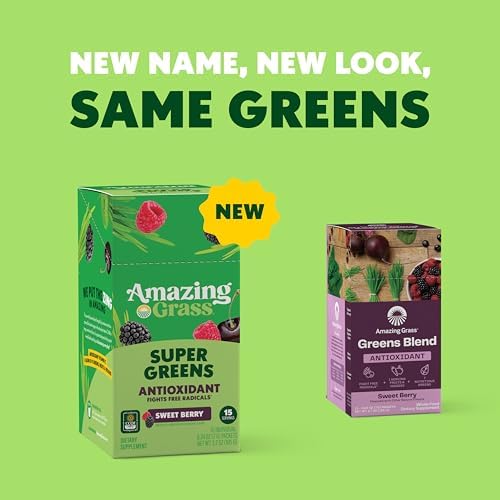 Amazing Grass Super Greens Powder Antioxidant Stick Packs, Greens Blend with Spirulina, Beet Root Powder, Elderberry, Prebiotics & Probiotics, Sweet Berry, 15 Servings, 3.7 Ounce (Packaging May Vary)