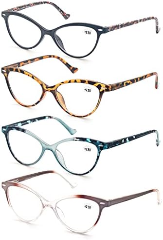 MODFANS 4 Pack Cat Eye 3.0 Reading Glasses for Women,Fashion Ladies Design Comfortable Spring Hinge Stylish 4 Pair Women Readers with 4 Pouch