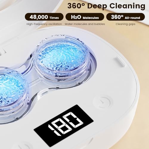 Ultrasonic Contact Lens Cleaner, Contact Lens Cleaner Machine with 3 Timing Modes, Portable Ultrasonic Cleaner with Mirror & LED Timer Display for Disposal Soft Lens, Hard Lens, Contact Lens