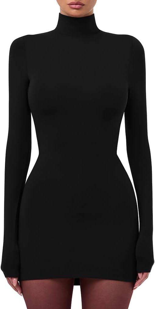 LAGSHIAN Women's Sexy Basic High Neck Long Sleeve Bodycon Club Party Mini Dress