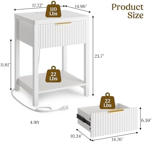 Lulive Modern White Night Stand, Fluted Nightstand with Charging Station, Wood Modern Bedside End Table with Storage Drawer for Bedroom, Save Space (Set of 1, White)