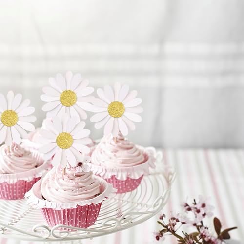 24 PCS Daisy Cupcake Toppers Glitter White Daisy Cupcake Picks Chrysanthemum Cupcake Decorations for Spring Wildflowers Theme Baby Shower Birthday Wedding Party Cake Decorations Supplies