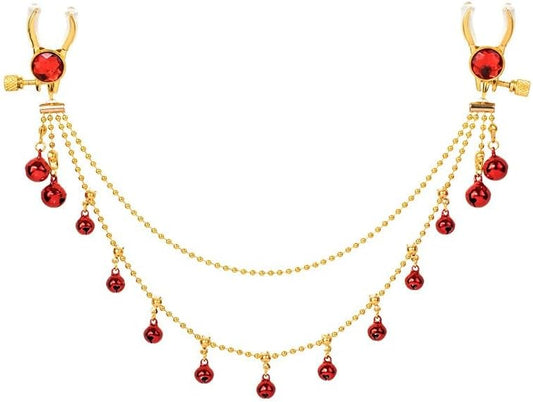 QLXSTM Tassel Rhinestone Nipple Clamps with Multiple Bells and Chains - Adjustable, Non-Piercing Metal Stimulator Nipple Clips Adult Toys, Perfect for Women & Couples (RED)