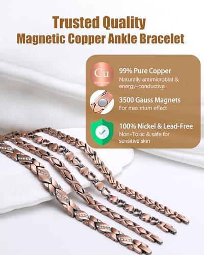 Jeracol Copper Ankle Bracelet for Women, Adjustable Magnetic Ankle Bracelets for Women with 3500 Gauss Neodymium Magnet