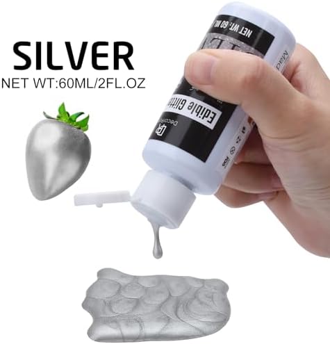 Edible Glitter Paint - 2 fl.oz Metallic Edible Cake Paint for Cake Decorating, Baking, Cupcakes, Candy - Food Grade Shimmer Art Decorative Paint Liquid Luster Dust for DIY Cookie, Fondant (Silver)
