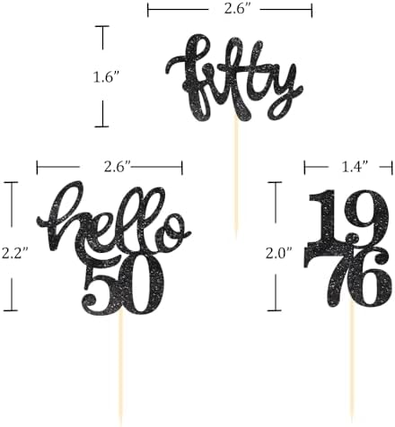 24 Pcs Black Glitter 50th Birthday Cupcake Toppers for 50th Birthday Celebrating Party Decorations