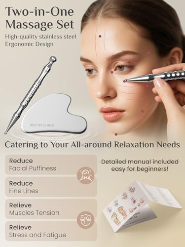 Rena Chris Acupuncture Pen and Gua Sha, Manual Reflexology Tools for Muscle Tension and Pain Relief, Acupressure Pen and Stainless Steel Gua Sha Set with Reflexology Chart, Easy to Use