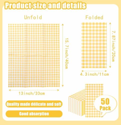 SietDESEO 50 Pieces 3-ply Yellow Gingham Napkins 13 x 15.7 Inches Guest Bathroom Napkins Disposable Hand Towels for Bathroom Wedding Birthday Party Paper Dinner Napkins