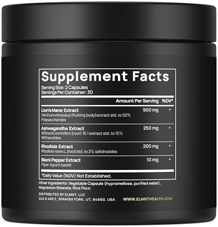 16x Strength Lions Mane Supplement Capsules Super Nootropic w. Ashwagandha & Rhodiola - Highest Potency 16:1 Lion's Mane Mushroom Extract 50% Polysaccharides Brain Supplements for Memory and Focus