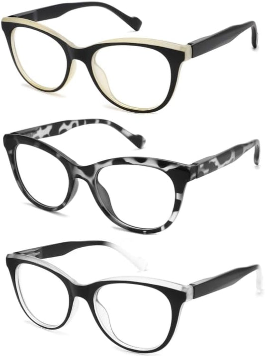 3-Pack Blue Light Blocking Reading Glasses for Women Spring Hinge, Full Frame Cat Eye Readers