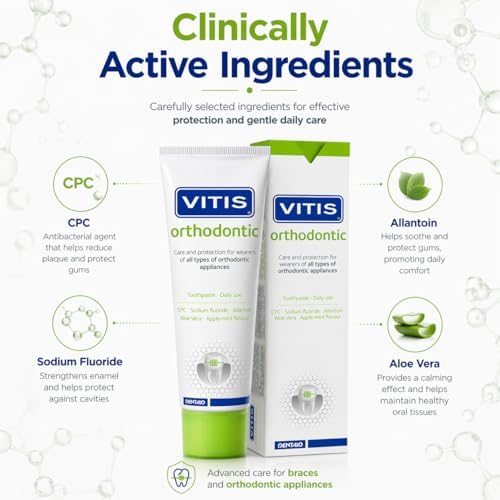 Vitis Toothpaste, 100ml - Orthodontic with Nano Repair, Apple Flavor - Gingivitis Prevention, Tartar Control, Tooth Decay Prevention, Remineralization, Enamel Protection