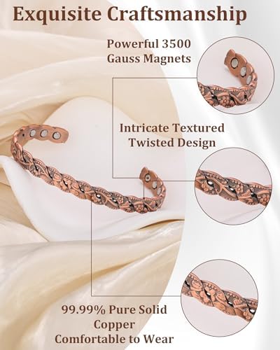 BioMag Magnetic Copper Bracelet for Women Men, 99.99% Pure Copper Cuff Bangle with 6 Pcs 3500 Gauss Magnets, Adjustable Jewerly Gift (Copper-Flower)