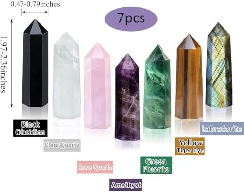 7Pcs 2-2.4″ Natural Crystal Obelisk Tower, Hexagonal Pointed Wand, Rose Quartz Amethyst Green Fluorite White Crystal Labradorite Obsidian Tiger's Eye Stone, Reiki Healing Crystal, Home Desktop Decor