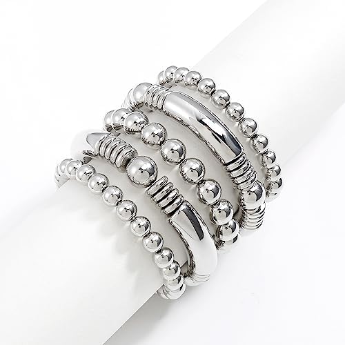 14K Gold Plated Bangles Bracelet for Women Chunky Curved Stacking Plated Bead Ball Stretchable Bracelets