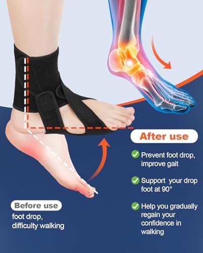 Foot Drop Brace Adjustable Foot Brace for Walking, Ankle Foot Orthosis Provide Foot Drop and Ankle Support, for Walking with Shoes, Socks, or Barefoot, for MS, TBI, Stroke, Use Day & Night, Includes a Massage Ball