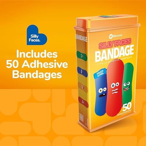 BioSwiss Bandages, Silly Faces Shaped Self Adhesive Bandage Set, Latex Free, Sterile Wound Care, 50 Count