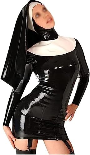 Black and White Sexy Latex Dress with Garters Nun Habit Headgear Cross Front Zip Back Rubber Uniform Bodycon Playsuit,Custom Color,Medium